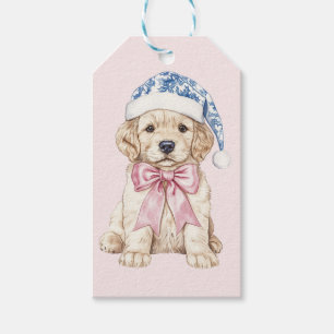 Pink and Blue Grandmillennial Christmas Puppy Gift Tags