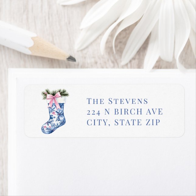 Pink and Blue Grandmillennial Christmas Stocking Label (Insitu)