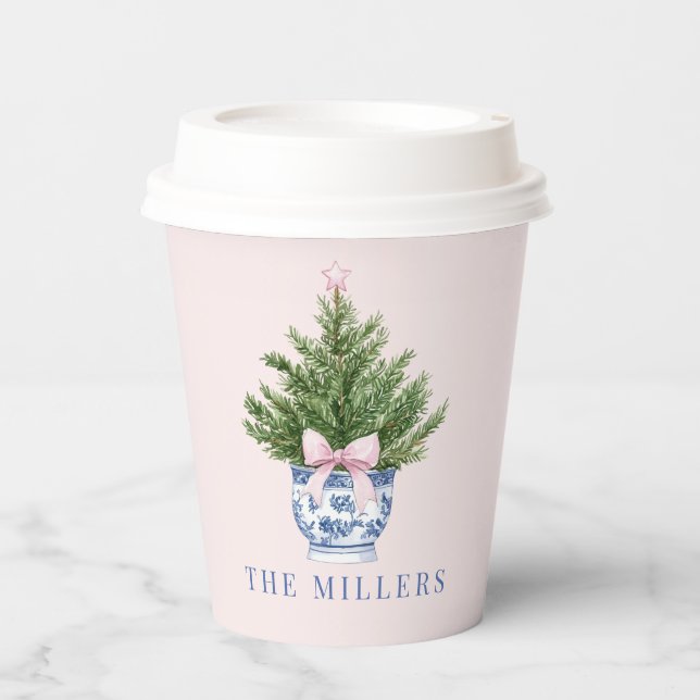 Pink and Blue Grandmillennial Christmas Tree  Paper Cups (Front)