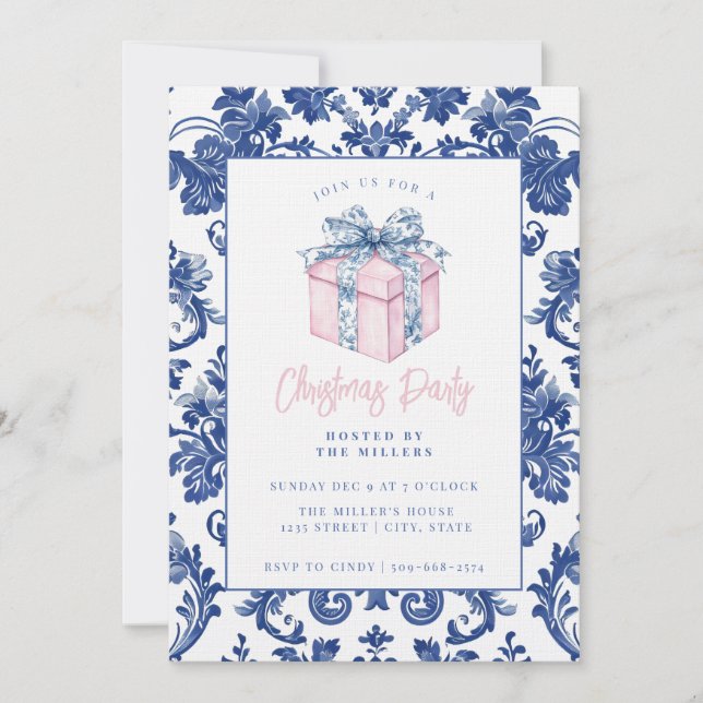 Pink and Blue Grandmillennial Damask Present Invitation (Front)