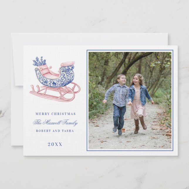 Pink and Blue Grandmillennial Damask Sleigh Invitation (Front)