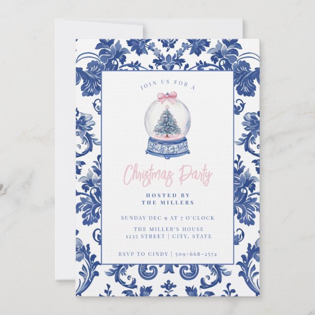 Pink and Blue Grandmillennial Damask Snow Globe Invitation (Front)