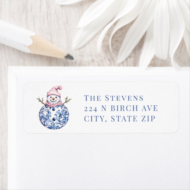 Pink and Blue Grandmillennial Damask Snowman Label (Insitu)