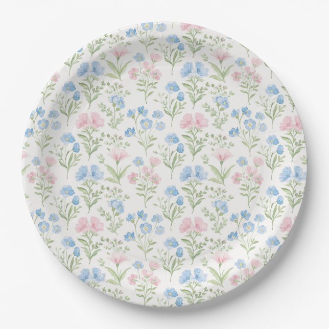 Pink and Blue Grandmillennial Floral Paper Plates (Front)