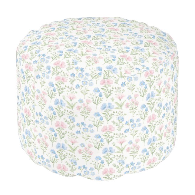 Pink and Blue Grandmillennial Floral Pouf (Angled Back)