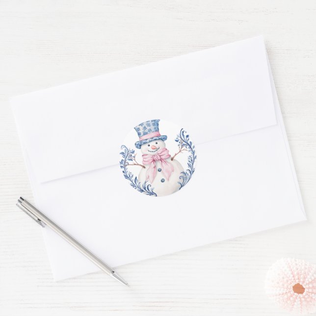 Pink and Blue Grandmillennial Snowman Classic Round Sticker (Envelope)