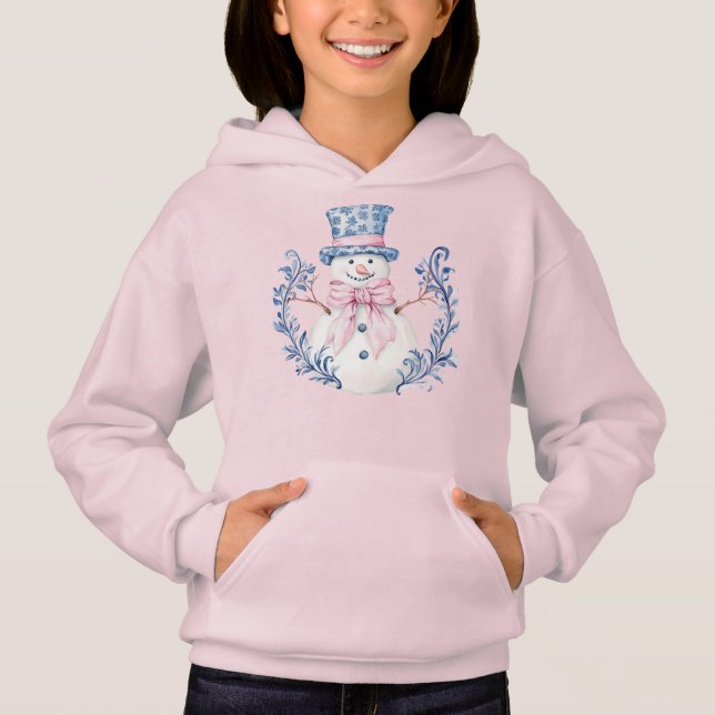 Pink and Blue Grandmillennial Snowman Hoodie (Front)