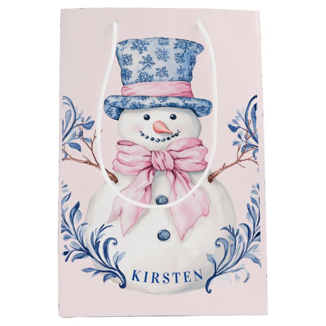 Pink and Blue Grandmillennial Snowman Medium Gift Bag (Front)