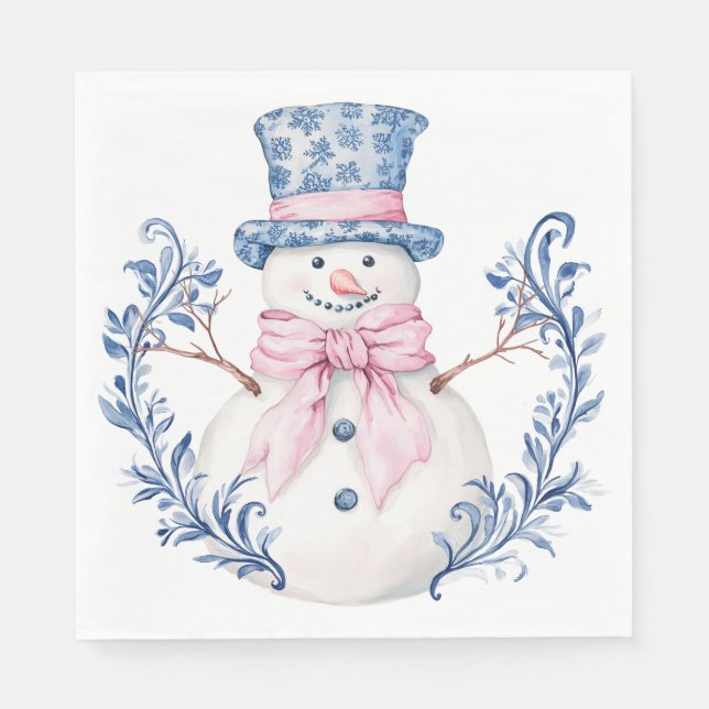 Pink and Blue Grandmillennial Snowman Napkins (Front)