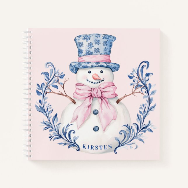Pink and Blue Grandmillennial Snowman Notebook (Front)