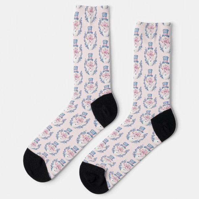 Pink and Blue Grandmillennial Snowman Socks (Left)