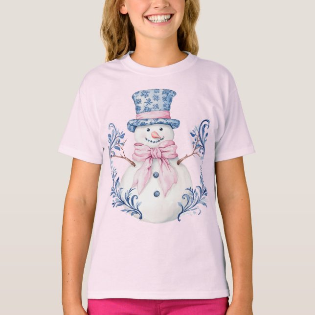Pink and Blue Grandmillennial Snowman T-Shirt (Front)