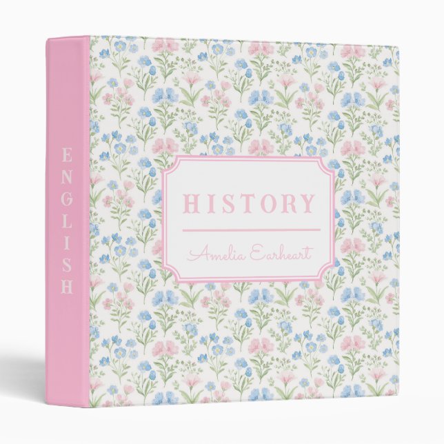 Pink and Blue Granmillennial Floral School Subject 3 Ring Binder (Front/Spine)