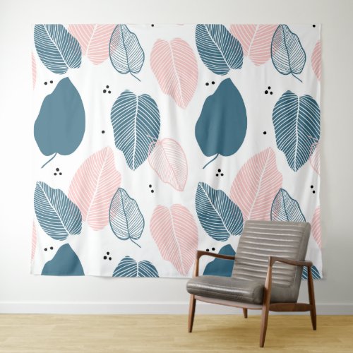 Pink and blue_gray stylized leaves pattern tapestry