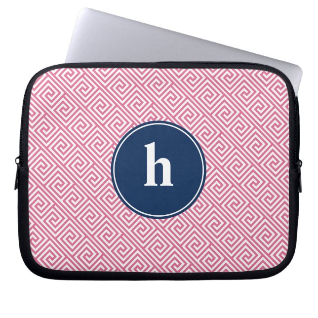 Pink and Blue Greek Key Pattern Monogram Laptop Sleeve (Front)