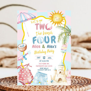 Pink and Blue Groovy Pastel Sibling Beach Party Invitation