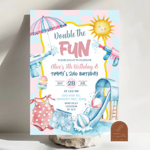 Pink and Blue Groovy Pastel Sibling Pool Birthday Invitation