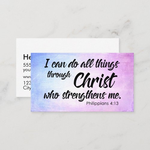 Pink and Blue Grunge Philippians 413 Scripture Business Card