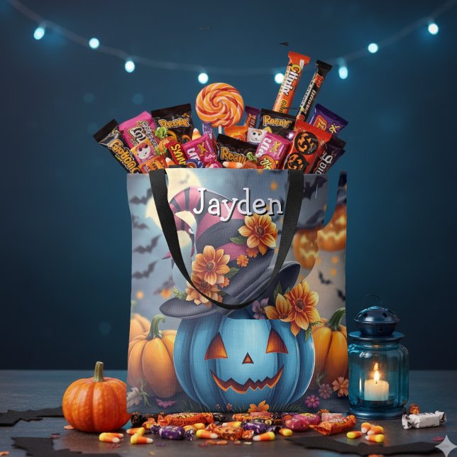 Pink and Blue Halloween Pumpkin Personalized Tote Bag (Creator Uploaded)
