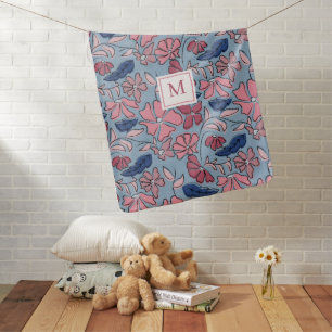 Pink and Blue Hand Drawn Floral Block Print Baby Blanket