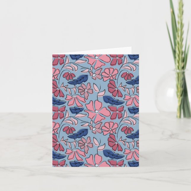 Pink and Blue Hand Drawn Floral Block Print Card (Front)