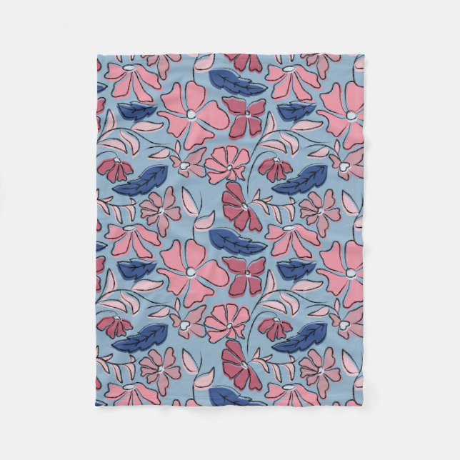 Pink and Blue Hand Drawn Floral Block Print Fleece Blanket (Front)