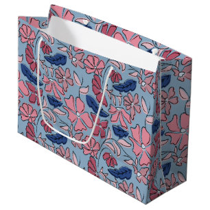 Pink and Blue Hand Drawn Floral Block Print Large Gift Bag