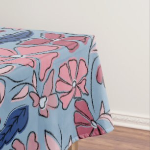 Pink and Blue Hand Drawn Floral Block Print Tablecloth