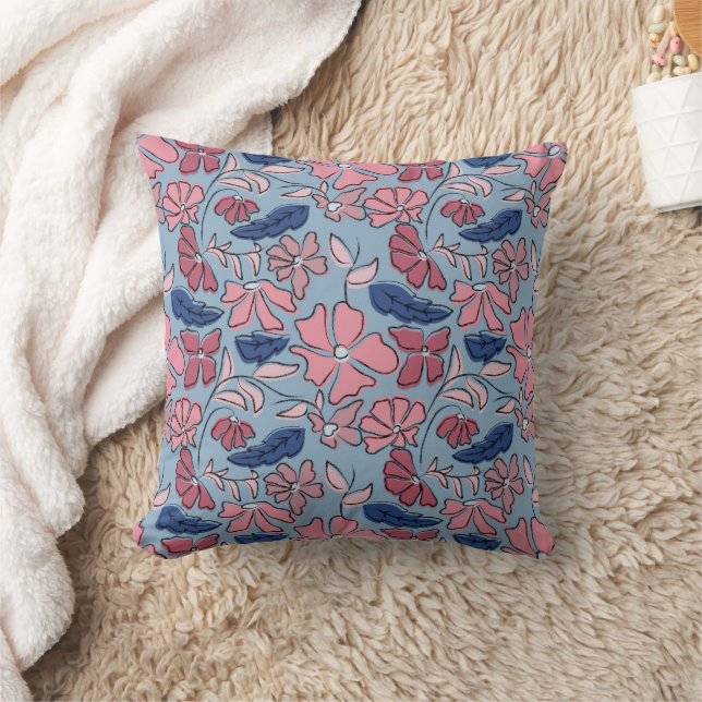 Pink and Blue Hand Drawn Floral Block Print Throw Pillow (Blanket)