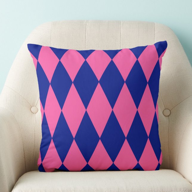 Pink and Blue Harlequin Checkered Design  Throw Pillow (Creator Uploaded)