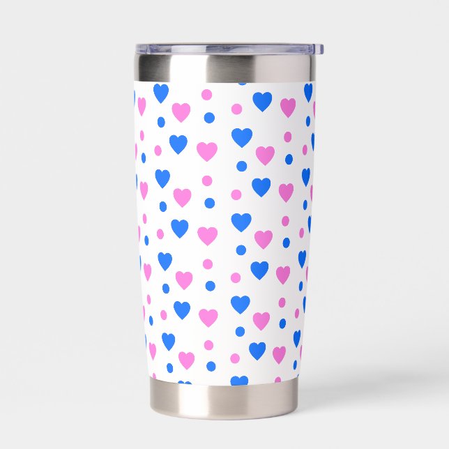 Pink and Blue Hearts and Polka Dots Pattern Insulated Tumbler (Left)