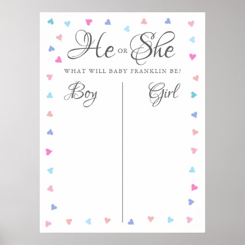 Pink And Blue Hearts Gender Reveal Voting Sign