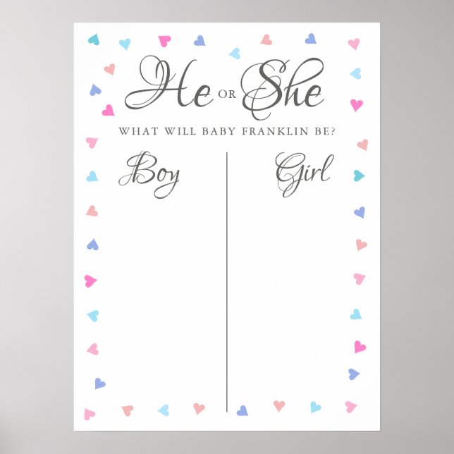 Pink And Blue Hearts Gender Reveal Voting Sign (Front)