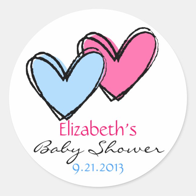 Pink and Blue Hearts Shower Classic Round Sticker (Front)