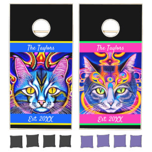 Pink and Blue His and Hers Cats Personalized Cornhole Set