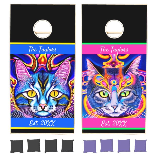 Pink and Blue His and Hers Cats Personalized Cornhole Set (Set)
