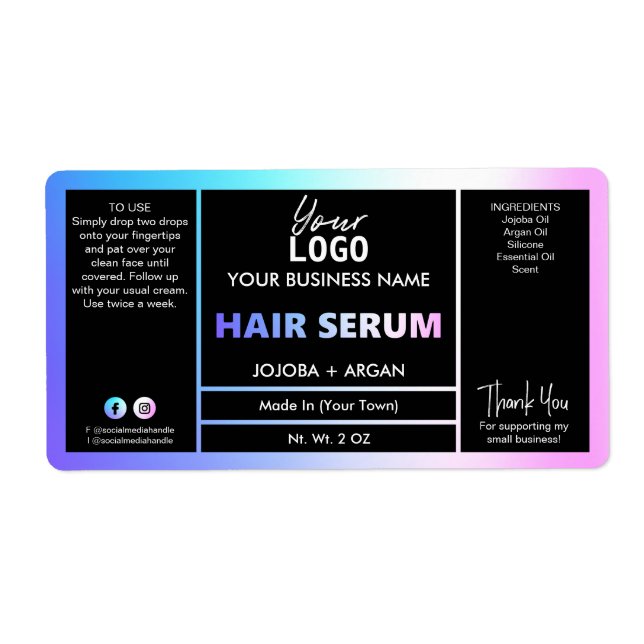 Pink And Blue Holographic Hair Serum Labels (Front)
