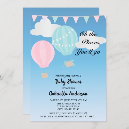 Pink And Blue Hot Air Balloon Baby Shower Invitation