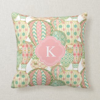 Pink and Blue Hot Air Balloons with Monogram Throw Pillow