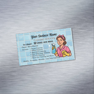 Pink and Blue Housekeeper House Cleaning Services Business Card Magnet