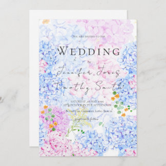 pink and blue hydrangea wedding invitation 