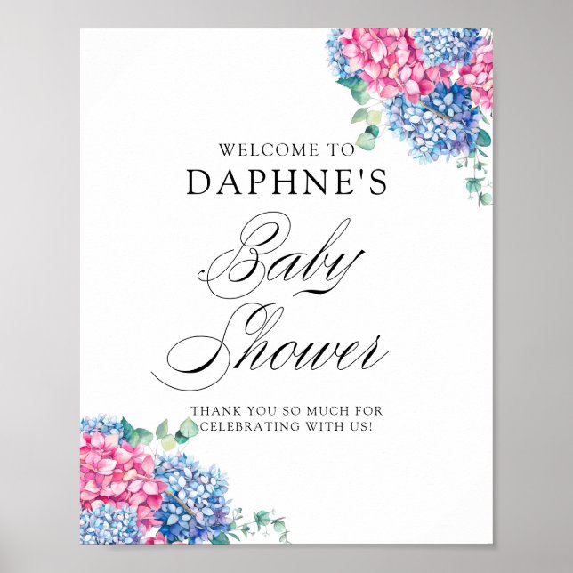 Pink and Blue Hydrangeas Baby Shower Welcome Poster (Front)