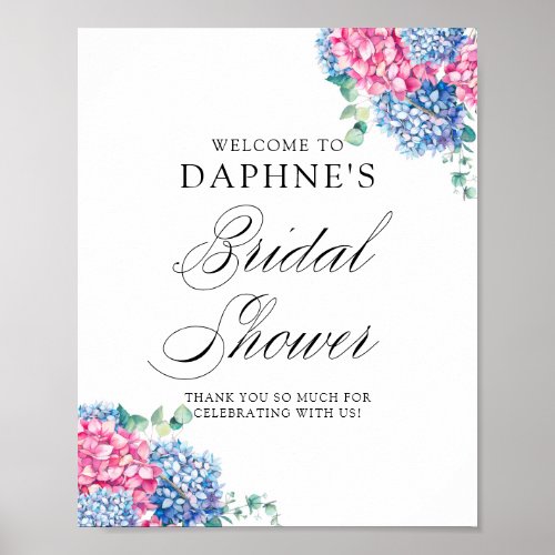 Pink and Blue Hydrangeas Bridal Shower Welcome Poster