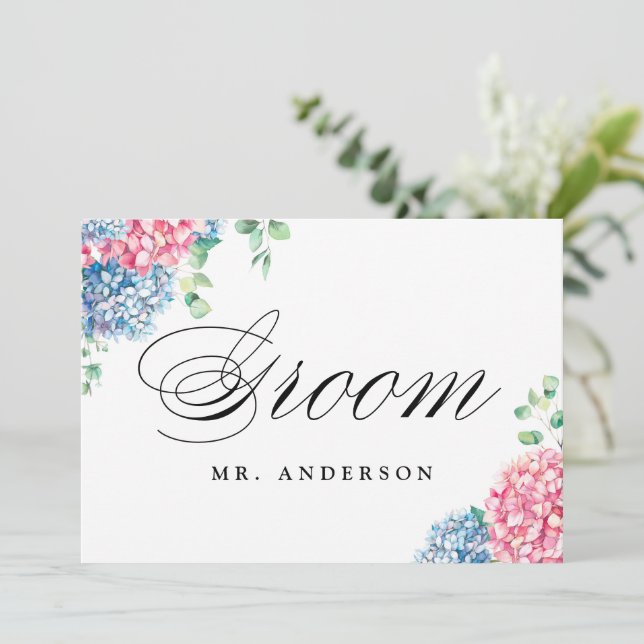 Pink and Blue Hydrangeas Groom Wedding Sign Holiday Card (Standing Front)