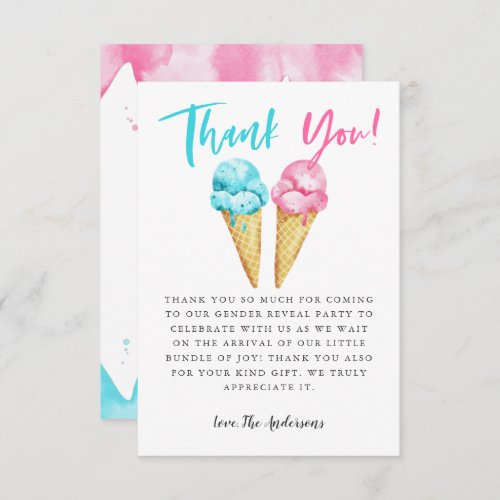 Pink and Blue Ice Cream Gender Reveal Party Thank You Card