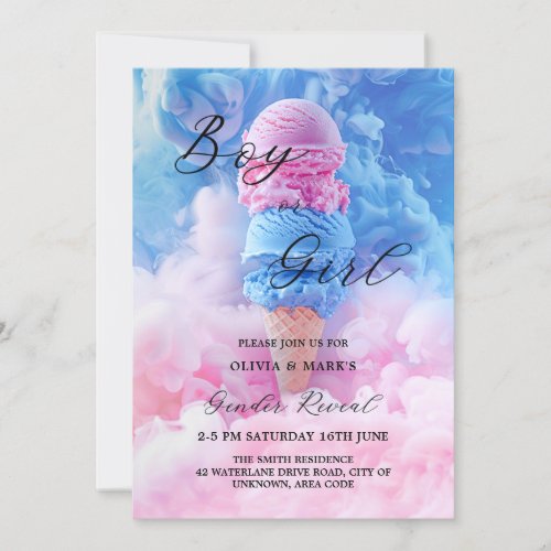 Pink and Blue Ice Cream Scoop Smoke Gender Reveal Invitation