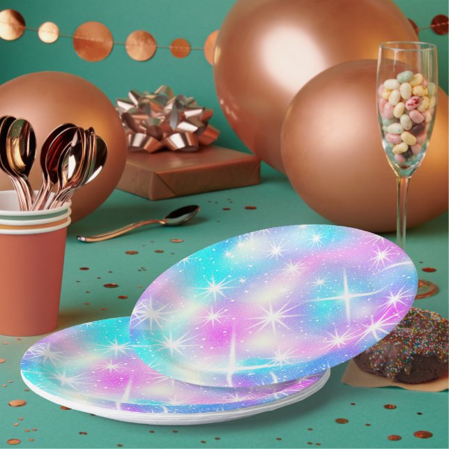 Pink and Blue Iridescent Sparkle  Paper Plates (Multi)
