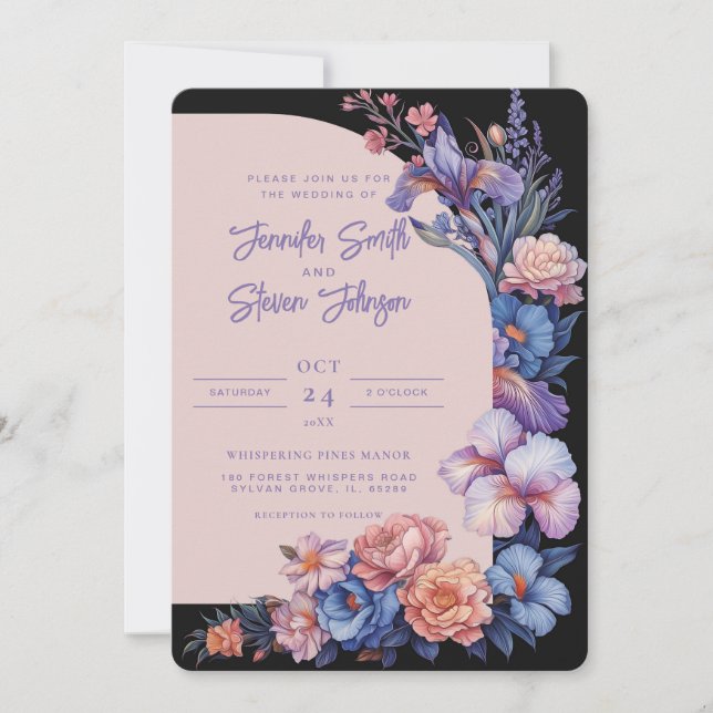 Pink and Blue Iris Botanical Arch Wedding Invitation (Front)