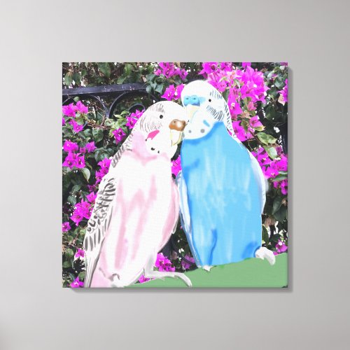 Pink and Blue Kissing Budgies and Bougainvillea Canvas Print