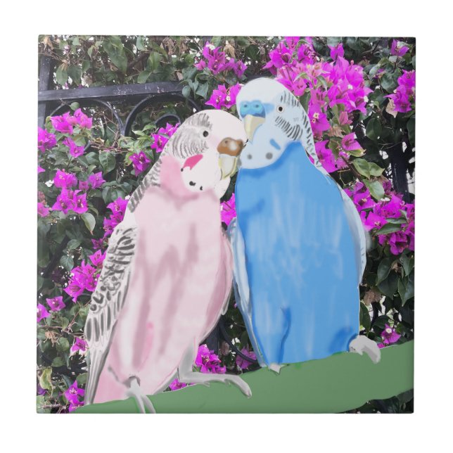 Pink and Blue Kissing Budgies and Bougainvillea  Ceramic Tile (Front)